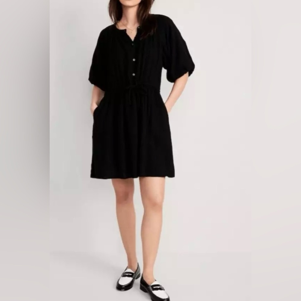 NWT Old Navy Women's Waist-Defined Pull-Sleeve Mini Poet Dress Black Sz Large